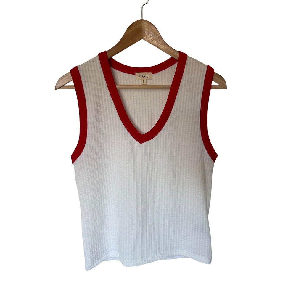POL Ribbed V-Neck Tank Top Womens Small White Red GKT520 Excellent Ringer Sporty
